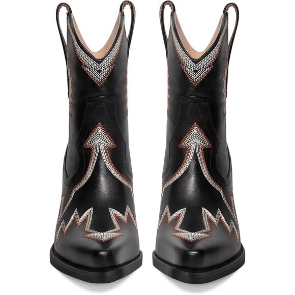 Women Metallic Embroidered Pointed Toe Cowgirl Boots Chunky Heel Pull-On Black - Picture 3 of 6
